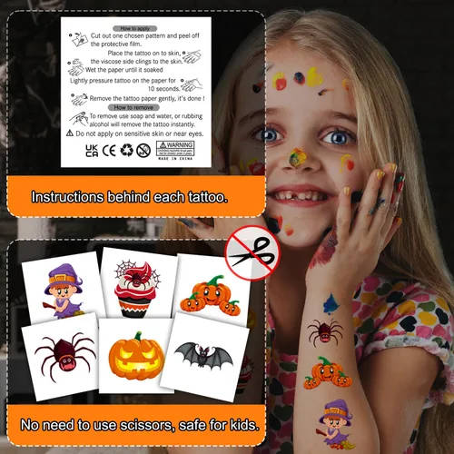 Vista 4 de Smilinfit Tatuajes temporales de Halloween para niños, recuerdos de fiesta de Halloween, hojas envueltas individualmente, suministros de decoración