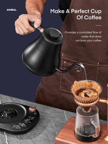 Vista 8 de Hervidor eléctrico de cuello de cisne con control de temperatura, hervidor eléctrico para café y té, interior de acero 100% inoxidable
