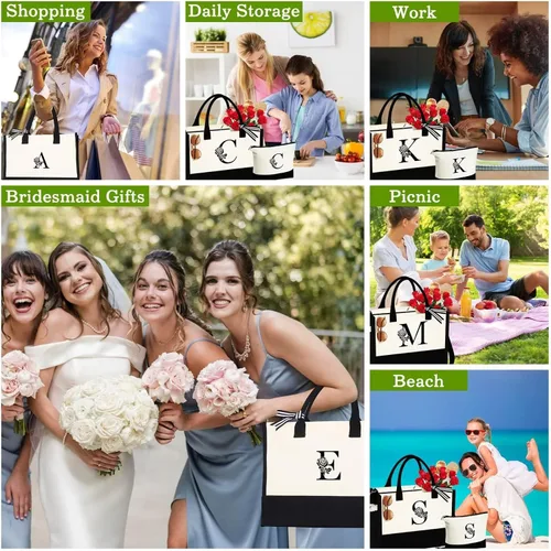 Vista 7 de YOOLIFE Bolsa de lona personalizada con inicial con bolsa de maquillaje, bolsa de playa con cremallera correa ajustable, regalos de cumpleaños
