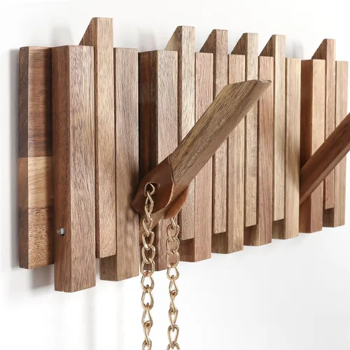 Vista 11 de Pequeño Perchero para Apartamento: 10.4 Pulgadas de Madera Rústica con 6 Ganchos de Pared Montable Retractable para Espacios Estrechos, Entrada