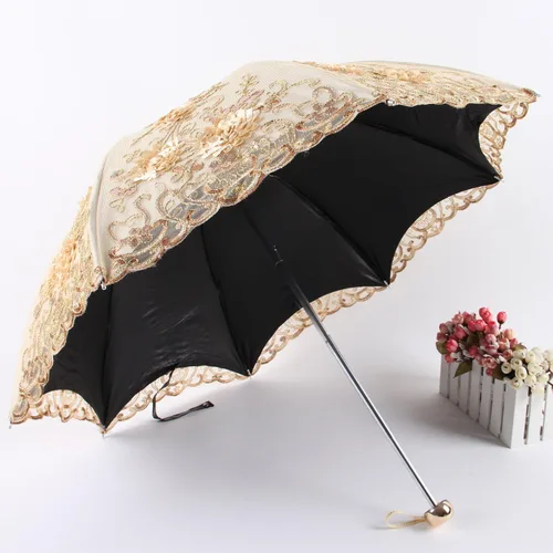 Vista 102 de Honeystore Sombrilla bordada con flor 3D plegable UV con encaje clásico