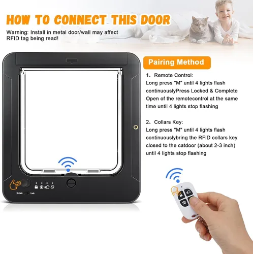 Vista 6 de Puerta inteligente para gatos para interior y exterior, puerta para mascotas con 3 llaves de sensor de collar y 1 control remoto y bloqueo de 4 vías