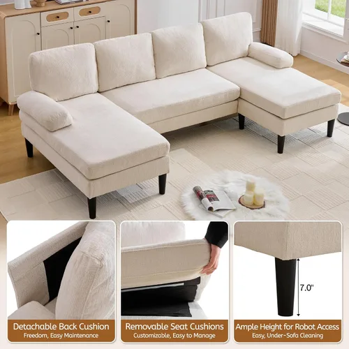 Vista 4 de Korser Sofás seccionales en forma de U para sala de estar, sofá moderno de tela de felpilla de 101 pulgadas con diván doble, sofá de 4 asientos