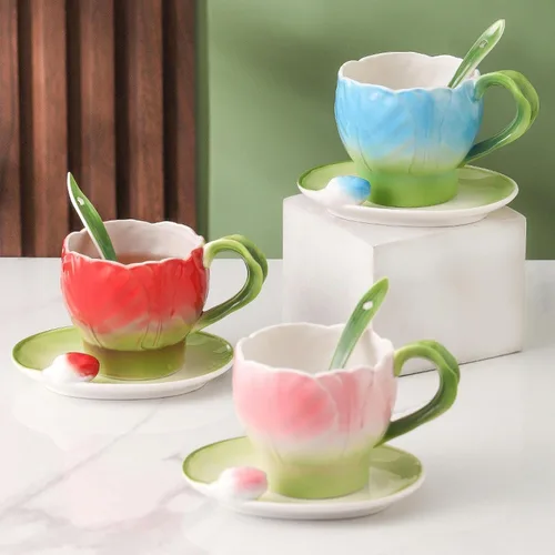Vista 5 de 6.1 fl oz esmalte color de alta temperatura underglaze color cerámica tulipán taza de café y plato conjunto para oficina casa restaurante café-Blue