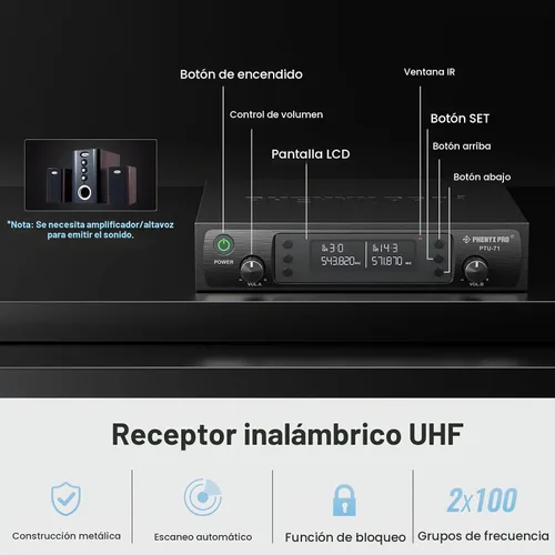 Vista 3 de Sistema de micrófono inalámbrico Phenyx Pro, set de micrófono dual con micrófonos de mano/bodypack/pin, escaneo automático, 2x100 frecuencias UHF