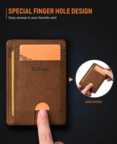 Vista 6 de Buffway - Cartera delgada minimalista de cuero con protección RFID para hombre y mujer