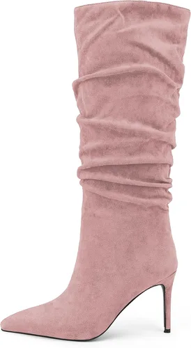 Vista 27 de Zamikoo Botas holgadas de tacón alto para mujer, botas de tacón de aguja altas hasta la rodilla, puntera puntiaguda, elásticas, botas altas de meter