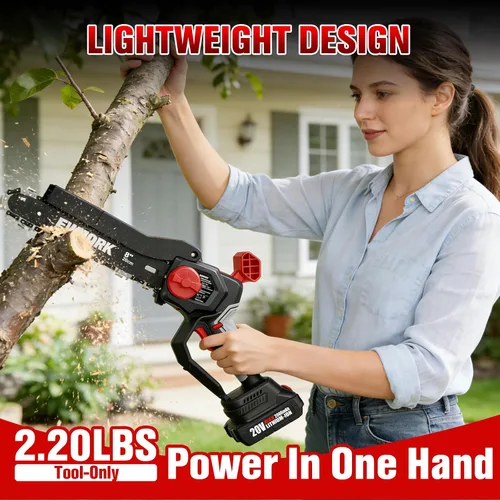 Vista 4 de EWORK Mini motosierra inalámbrica de 8 pulgadas, motor sin escobillas, mini motosierra eléctrica inalámbrica con tensión automática, ligera