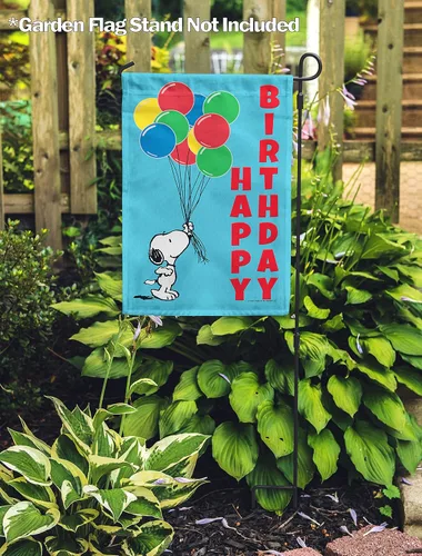 Vista 2 de Flagology, Peanuts - Globos de cumpleaños de Snoopy - Bandera de jardín de 12 x 18 pulgadas, con licencia oficial de Peanuts