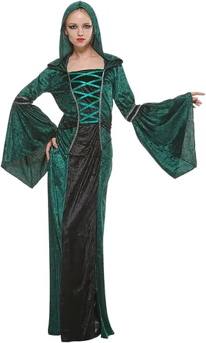 Vista 4 de EraSpooky Vestido de hechicera con capucha para mujer, disfraz de bruja medieval renacentista retro