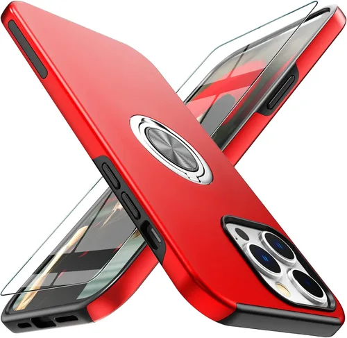 Vista 8 de Funda compatible con iPhone 15 con protector de pantalla de vidrio templado, resistente funda protectora delgada 2 en 1 con soporte de anillo Negro