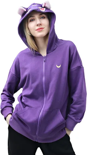 Vista 4 de DAZCOS Sudadera con capucha de anime para mujer, diseño de orejas de gato moradas, con capucha de luna para disfraz de Halloween