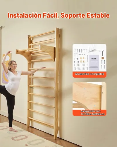 Vista 6 de VEVOR - Escalera sueca de pared, 8 en 1, barras de pared de madera maciza de 15 niveles, juego de escalada de gimnasio de selva interior de 220