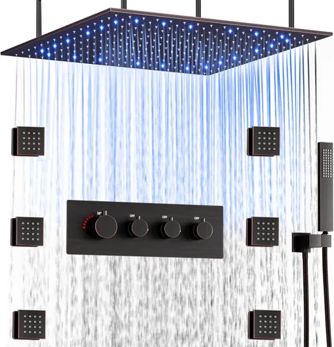 Vista 22 de Cabezal de ducha de lluvia de techo LED redondo de oro cepillado de 10 pulgadas, DULABRAHE termostático para baño, sistema de ducha de lluvia de Oro