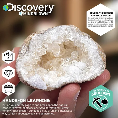 Vista 4 de Discovery Kit de geoda de cristal misterioso, 10 geodas de cuarzo real, incluye gafas, lupa y soportes de exhibición, juguete educativo de geología