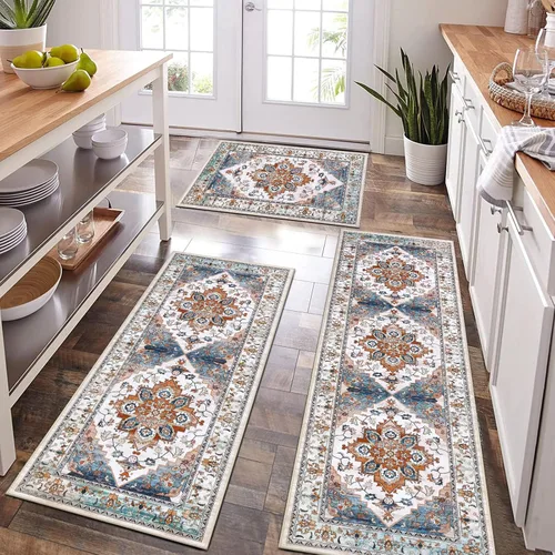 Vista 10 de Bsmathom - Juego de alfombras de cocina de estilo rústico de 3 piezas con corredor, alfombras de cocina antideslizantes y lavables, alfombras