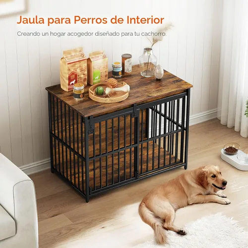 Vista 4 de HOOBRO Mueble de jaula para perros, perrera resistente de 36.6" con puerta de granero deslizante, jaula de madera para perros para interiores, mesa