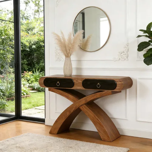 Vista 25 de Mesa de consola de entrada, sofá largo estrecho para pasillo, mesa de vestíbulo detrás del sofá, retro con cajón oculto, toma de corriente lateral