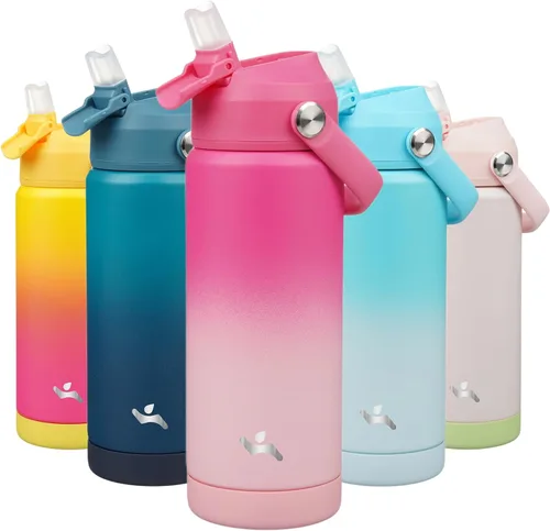 Vista 42 de Konokyo Botella de agua aislada con tapa de pajilla, botella de metal al vacío de acero inoxidable de 18 onzas con mango de silicona, color negro