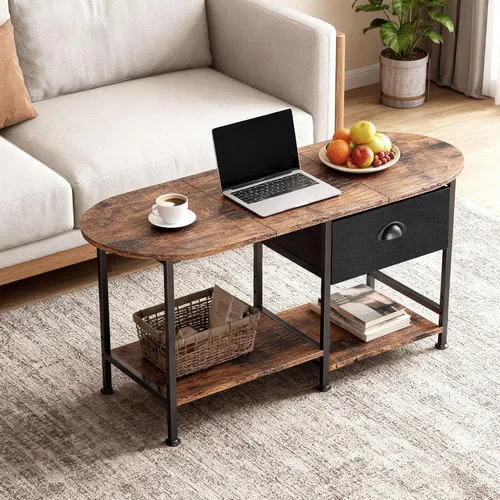 Vista 6 de Mesa de centro ovalada pequeña de 37 pulgadas con almacenamiento, mesa central de madera moderna para espacios pequeños, apartamento, oficina