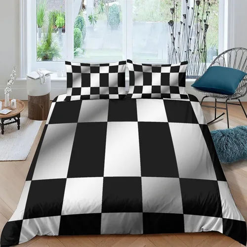 Vista 8 de Funda de edredón a cuadros en blanco y negro con estampado 3D para niños y niñas, fundas de edredón con fundas de almohada, juego de ropa de cama