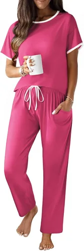 Vista 14 de Ekouaer - Conjunto de pijama de 100% algodón para mujer, manga corta, con pantalón largo, 2 piezas, juego de ropa para dormir con bolsillo