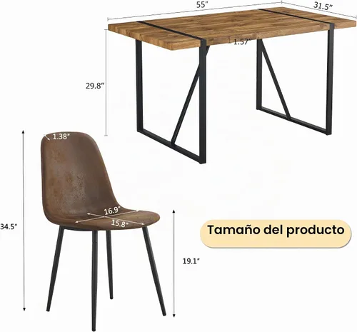 Vista 2 de Juego de mesa de comedor rústica de 5 piezas para 4 personas, mesa de comedor rectangular de madera moderna de mediados de siglo de 55 pulgadas