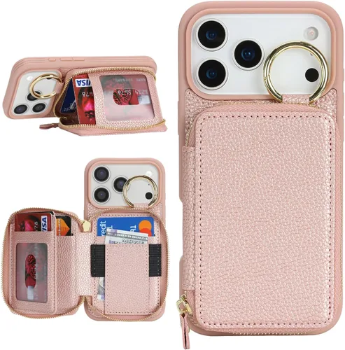 Vista 33 de Funda compatible con iPhone Air Wallet con tarjetero para iPhone Air, funda con cremallera y ranura para mujer, 5G de 6.5 pulgadas, color oro rosa
