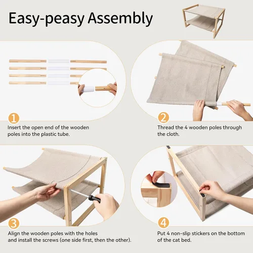 Vista 7 de Hamaca para gatos, cama de madera de doble capa para gatos de interior, cama elevada de 2 niveles para gatos con fundas transpirables y lavables