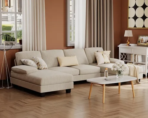 Vista 7 de Furmax - Sofás seccionales para sala de estar, sofá en forma de U con tela de lino, juego de sofá de 4 plazas con doble chaise para apartamento Beige