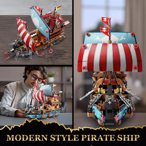 Vista 6 de Vziimo Juegos de construcción de barcos piratas con luces, modelo creativo de barco, barco pirata, juguetes de construcción para decoración