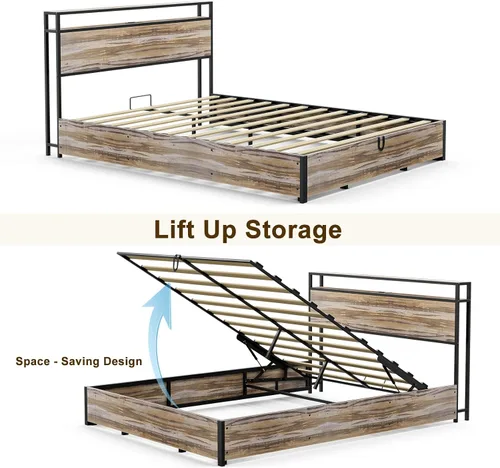 Vista 12 de IKIFLY Cama de almacenamiento elevable tamaño Queen, marco de cama de metal con estante de almacenamiento de 2 niveles y estación de carga, listones