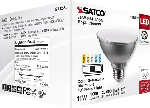 Vista 8 de Satco S11583; LED PAR30SN de 11 vatios; base media; acabado plateado; CCT seleccionable; 120 voltios; ángulo de haz de 40 grados