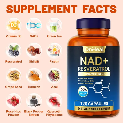 Vista 2 de Resveratrol Suplemento para energía y piel - Refuerzo antienvejecimiento con resveratrol - Apoya la salud celular y la concentración - 120 cápsulas