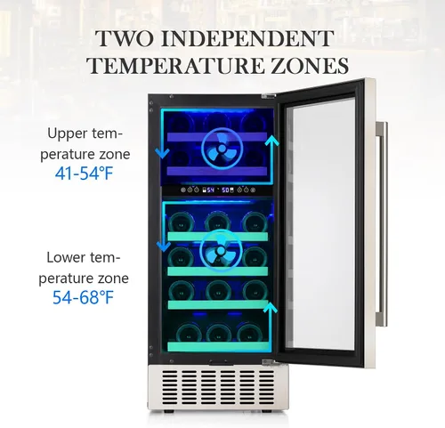 Vista 3 de COWSAR Refrigerador de vino de 28 botellas, refrigerador comercial de bebidas de doble zona, temperatura independiente, LED, enfriador de vino