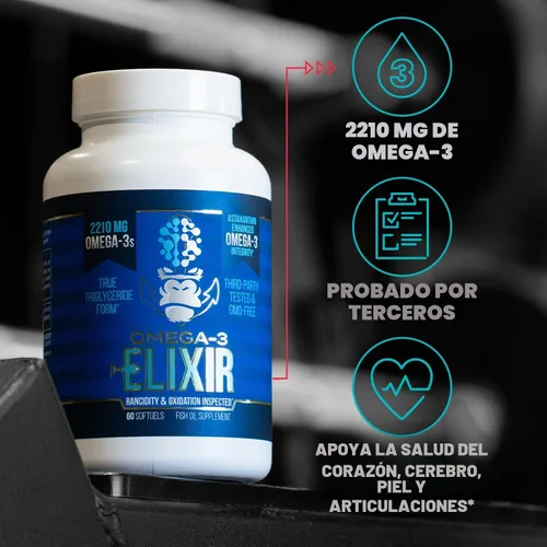 Vista 3 de Gorilla Mind Omega-3 Elixir™ 2210 mg de aceite de pescado en forma de triglicéridos reesterificados EPA, DHA + 2 ácidos grasos Infusión