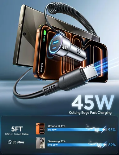 Vista 4 de Cargador de Coche USB C 90W para iPhone 17/16 Pro Max, PD & QC3.0 con Cable Enrollado de 45W de 5 pies, Adaptador de Carga Rápida para Coche