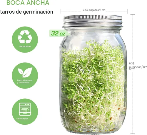Vista 5 de Kit de tarros de germinación de semillas – 2 tarros de masón de boca ancha con tapas de germinación de acero inoxidable 316, bandeja de goteo