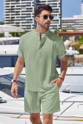 Vista 2 de COOFANDY Conjunto de lino de 2 piezas para hombre, camisa Henley, manga corta y pantalones cortos, trajes a juego para yoga y playa