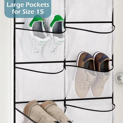 Vista 3 de KIMBORA Organizador de zapatos para colgar sobre la puerta, 12 bolsillos grandes de malla, color blanco y 10 niveles para almacenamiento de puerta