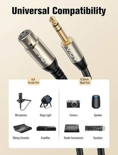 Vista 2 de VIOY Cable XLR a 1/4 de 10 pies, cable TRS macho a XLR hembra de micrófono