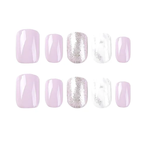 Vista 4 de Uñas postizas cuadradas cortas a presión, uñas postizas de color rosa, de cobertura completa, uñas postizas con purpurina plateada con diseños