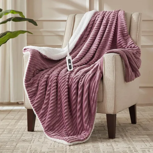 Vista 8 de Manta térmica de sherpa de doble cara, manta eléctrica de calefacción suave para cama, sistema de seguridad automático, 6 niveles de calefacción y 4