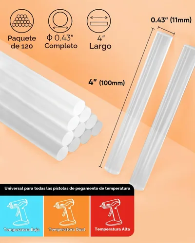 Vista 3 de SHALL Barras de pegamento caliente de tamaño completo, 0.43 pulgadas de diámetro x 4 pulgadas de largo, paquete de 120 barras de pegamento