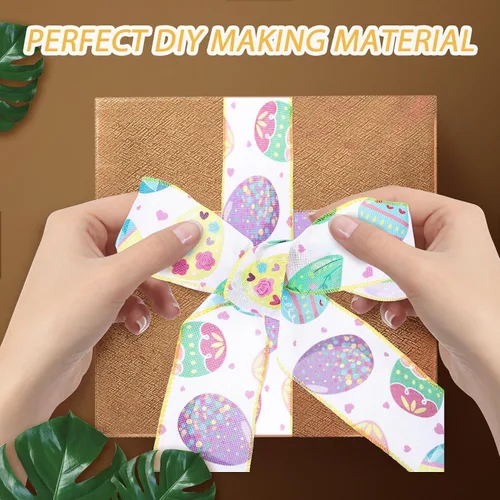 Vista 5 de Easter Wired Edge Ribbon 2-inch Broad 5-Yard Roll Spring Fabric Ribbon for Wrapping, Craft Making, and Holiday Decorations