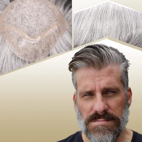 Vista 11 de Sistema de reemplazo de cabello humano para hombre, tupé para hombre, piel fina con parte superior de encaje mono y la parte trasera de poliuretano