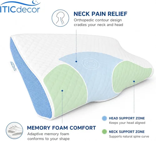 Vista 2 de ITICdecor Almohada cervical de espuma viscoelástica para aliviar el dolor Diseño de contorno ortopédico, funda transpirable, funda lavable