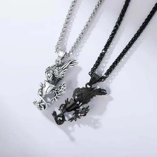 Vista 16 de YAMI Collar de alas angulares para hombre, ángel de la guarda, dragón, cuervo, pulpo, collar de anime, collar de acero inoxidable 316
