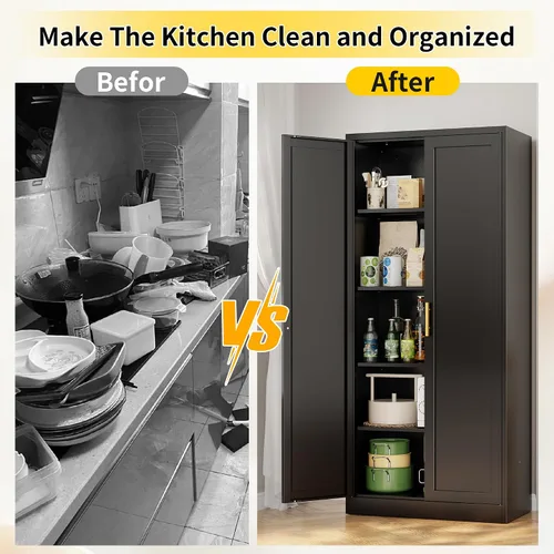 Vista 8 de Gabinete de metal para despensa de cocina, 71 pulgadas de alto x 28 pulgadas de ancho x 14 pulgadas de profundidad con 2 puertas y 4 estantes Negro