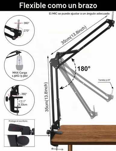 Vista 3 de Soporte de micrófono con brazo brazo para Blue Yeti, Nano, SM7B, HyperX QuadCast y Fifine K688